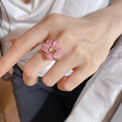 MIQIAO Natural Stone Ring Tigereye Fluorite Adjustable Big Flower 925 Sterling Silver Jewellery For Women Accessories Female