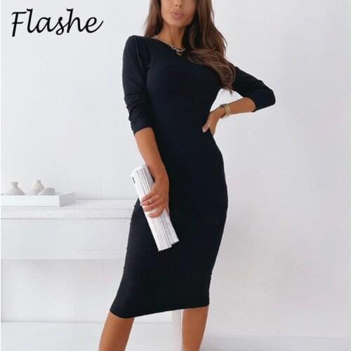 Lady Office Dress Autumn 2021 Solid O Neck 3/4 Sleeve Slim Party Dress Women Elegant Bodycon Dresses Sexy Female Dress