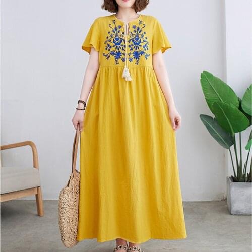 2021 New Arrival Embroidery Floral Fashion Women Dress Cotton Linen Bandage Short Sleeve Loose Summer Dress Travel Casual Dress