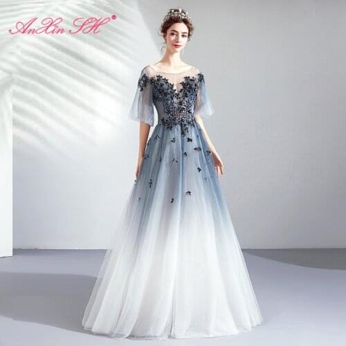 AnXin SH princess blue lace flower evening dress luxury o neck ruffles beading crystal lace up navy blue evening dress 9167