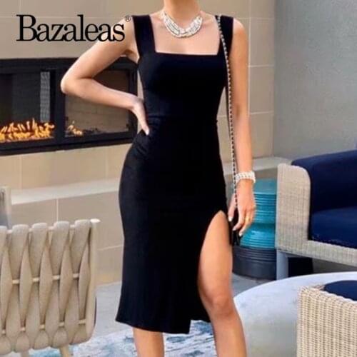 Bazaleas Elegant Black Tank women midi Dress Vintage Split Dresses Slim Fashion women dress Chic vestidos