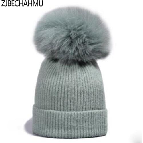 ZJBECHAHMU Fashion New Fox Fur Mink Pompoms 15cm Hats For Women Children Casual Winter Hat Wool Warm Skullies Beanies Hats
