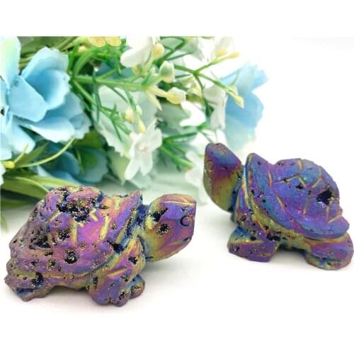 1PC Raw Natural Sphalerite Cluster Tortoise Shaped Electroplated Titanium Colourful Aura Carved Stone Healing Crystal Home Decor