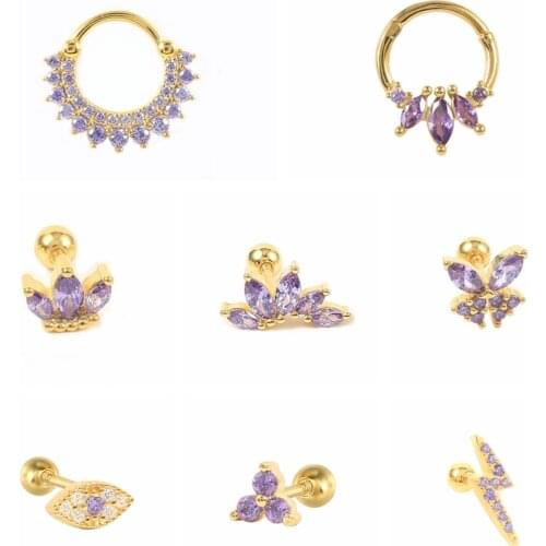 CANNER Elegant Purple CZ Crystal Stud/Hoop/Clip Earrings For Women Girls S925 Silver Huggie Cartilage Ear Bone Piercing Bricons