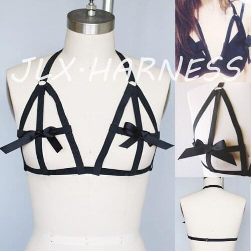 Harajuku Bow Tie Body Harness Fetish Wear Open Chest Cage Bra 90s Gothic Harness Bra Crop Top Bodysuit Bondage Lingerie O0134