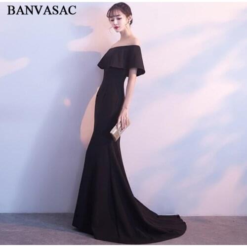 BANVASAC 2018 Boat Neck Satin Sweep Train Mermaid Long Evening Dresses Elegant Party Short Sleeve Backless Prom Gowns