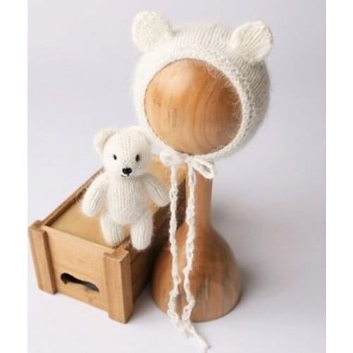 Beige Angora Newborn Bonnet Toy Set Photography Props Teddy Bear Hat Stuffer Doll Fluffy Animal Bonnet Baby Photo Gift