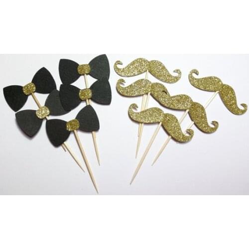 Glitter mustache and bow cupcake toppers Wedding Food treat Picks Bridal shower Bachelorette birthday party decorations