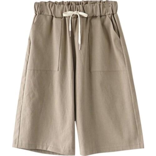 Women Summer Cotton Wide-legged Leisure Trousers Large Size Loose Elastic Waist with Belt 6XL 7XL 8XL Five-point Pants