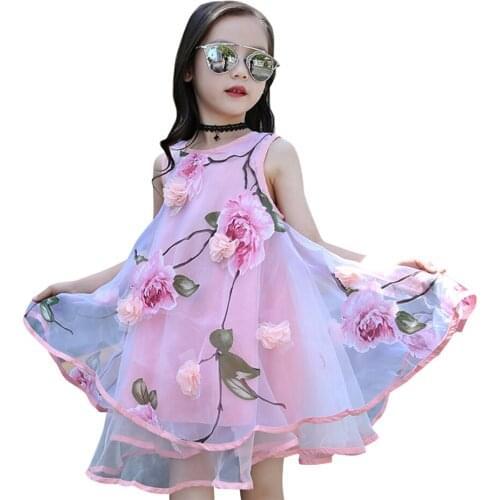 Kids Summer Dresses For Girls Floral Girl Party Dress Appliques Kids Dress Mesh Clothes For Girls