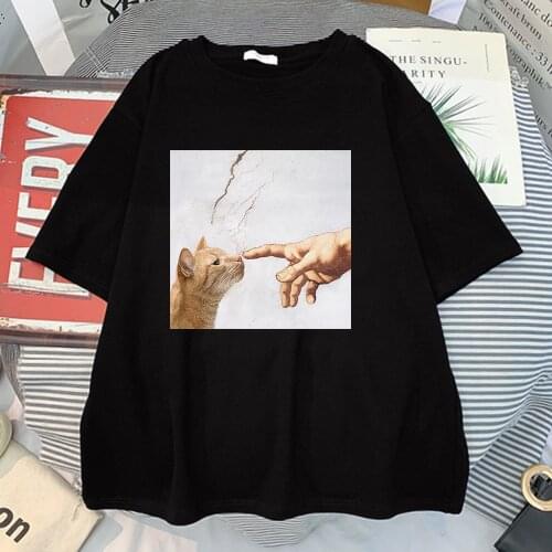 Lovely Cat And Hands Kawaii Womens T-Shirt Street Trendy Summer 2021 T-Shirts Hip Hop Casual Tshirts Harajuku Base Black Tees