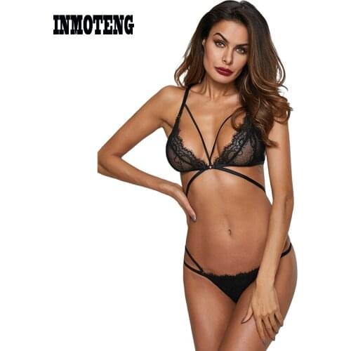 INMOTENG Candied Heart Bralette In Black/White Lace in Floral Pattern And Eyelash Trim Exotic Lingerie Sets