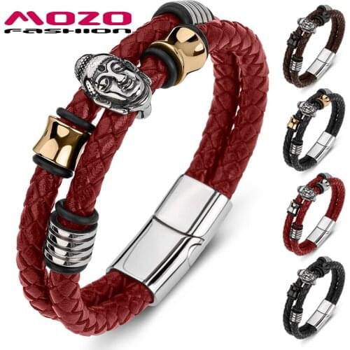 MOZO FASHION 2021 HOT Sale Men Bracelet Genuine Leather Stainless Steel Buddhism Punk Bangle Buddha Wholesale Jewelry 191