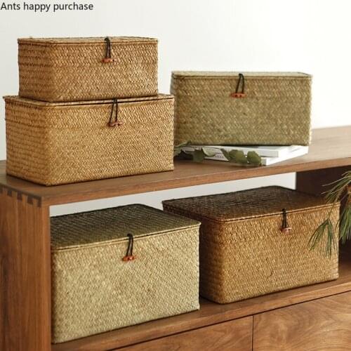 Seaweed Weave with Cover Storage Finishing Box Manual Straw Clothes Organizing Box Rattan Cloth Lining Desktop Sundries Basket
