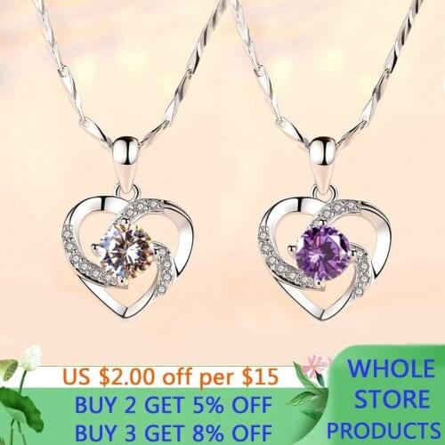 LMNZB Silver 925 Necklace Women White/Purple/Blue Crystal CZ Heart Love Forever Pendant Necklace