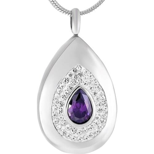 IJD9392 Hold Purple Crystal Teardrop Stainless Steel Cremation Ashes Pendant Necklace For Women Keepsake Memorial Urn Jewelry
