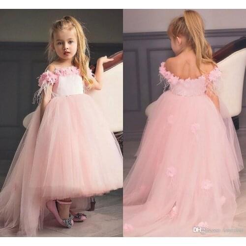 New Cute Hi-lo Blush Pink Girls Pageant Dresses Lace Flowers Puffy Ruffles Organza Skirt Wedding Flower Girls' Ball Gowns