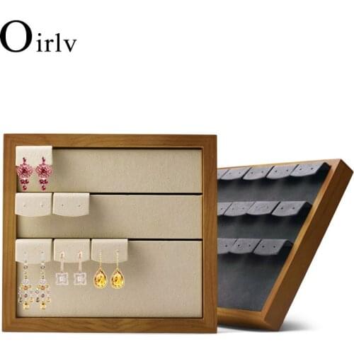 Oirlv Solid Wood Beige&Dark gray Earring display stand with microfiber Insert for exhibition Ear stud Display Props organizer