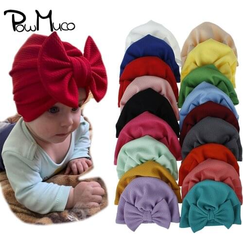 Powmuco 20*16 CM Solid Color Baby Girls Turban Hats Cute Big Bowknot Infant Caps Handmade Knotted Newborn Headwear Birthday Gift