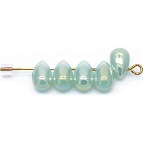 Glass Teardrop beads 9x6mm, Tear Drop Crystal Pear Beads, Green AB (GM032-2)/ 50 beads
