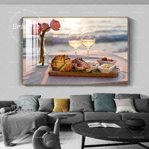 Embelish Sunset On The Ocean Wine Glass And Food Wall Pictures Kitchen Home Decor Posters Restaurant HD Canvas Painting Artworks