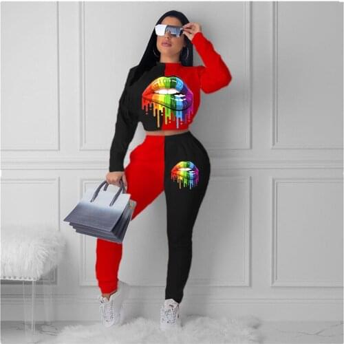 Women Casual Sportswear 2-piece Outfit Set Long Sleeve Color Block Lips Print Top + Pants Suit Sport Clothes for Women Ladies