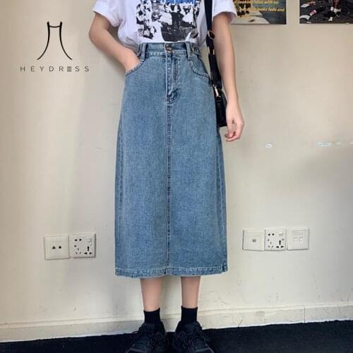 Retro Long Midi Denim Skirts Women High Waist Button Pockets Split Jeans Straight Skirts Plus Size Korean Summer 2020 Bottoms