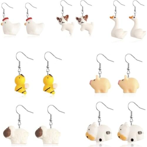 Women Earring Resin Drop Cute Girl Gift Eardrop Fun Cartoon 3D Animal Small Fresh Lady Earrings Bee Sheep Puppy Chick Cows