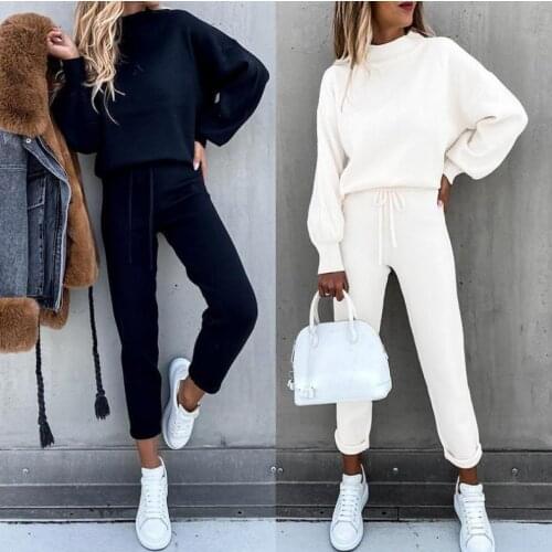 2021 autumn and winter womens sweater suit plus velvet high collar casual solid color trousers two-piece suit