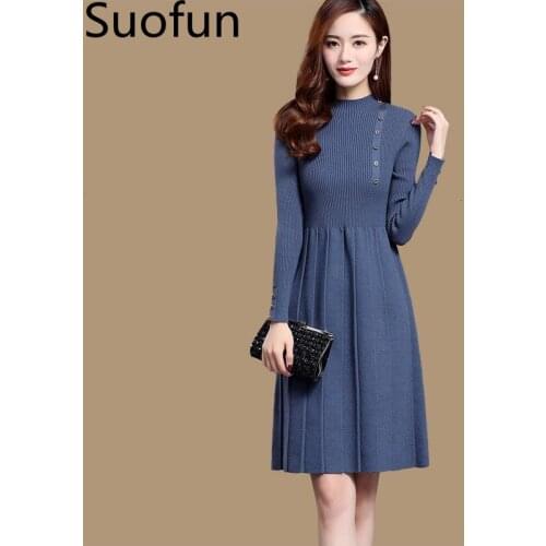 Suofun Long O-neck Jurk Casual Solid 2021 Female Jurk Office Lady Runway Fashion Knitt Jurken Winter Trui Jurk