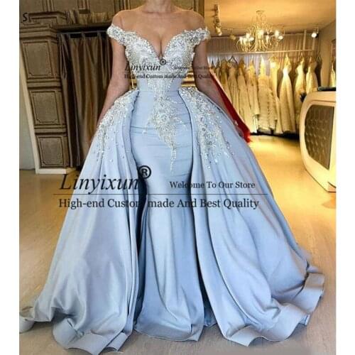 V Neck Off the Shoulder Mermaid Prom Dress Formal Party Gowns Long 2020 Hand Beading Short Sleeve Vestido De Festa Longo Detacha