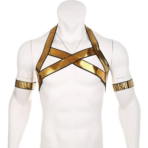 Golden Harness Men Body Chest Strap Sexy Bondage Fetish Lingerie High Elastic Clubwear hombre Hollow Costume Male With Arm Band
