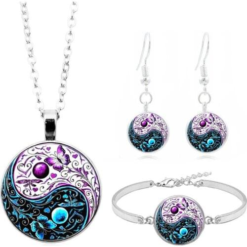 3pcs/Set Fashion Yin Yang-Shaped Bracelet Necklace Earrings For Women Men Best Friends Bracelet & Pendants Butterfly Glass Gem