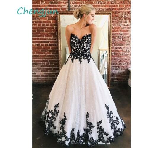 Chengjun Sweetheart A Line Black Lace Appliques Vintage Wedding Dress