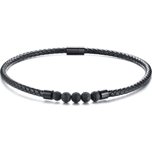Black Genuine Leather Choker Necklace for Men Lava Stone Magnetic Closure Energy Power Male Jewelry