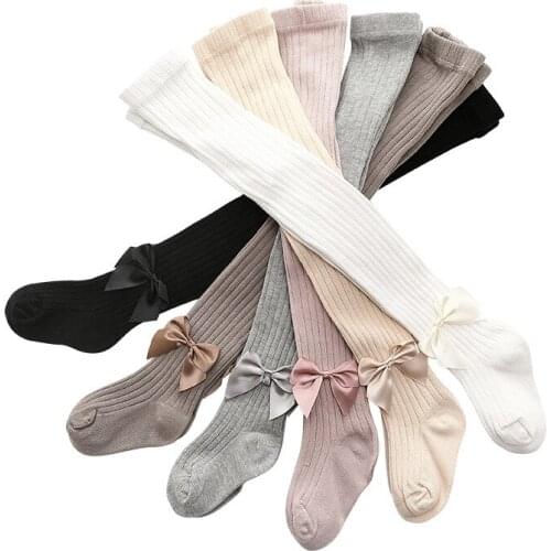 Baby Leggings spring and autumn cotton girls bow Double needle pantyhose babys thin vertical strip big butt pantyhose
