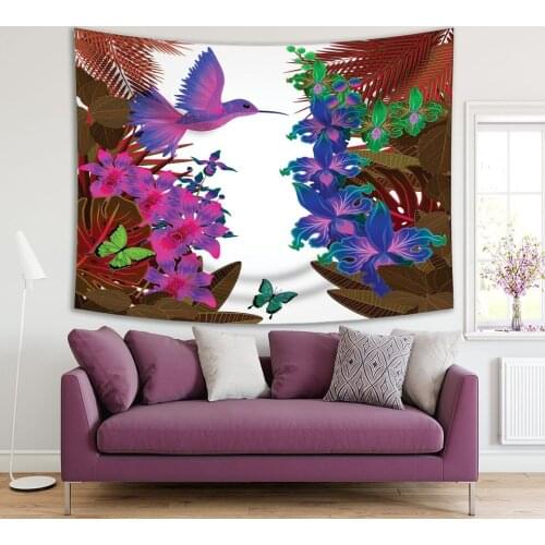Tapestry Tropical Forest with Flowers Leaves Plants Birds and Butterflies Colorful Artwork Brown Fuchsia Blue