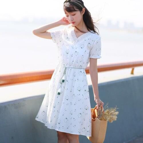 Summer Sundress School For Girls Womens Printed Loose Short-Sleeve Elastic Waist Hollow Out V Neck Cotton Linen Dress Student