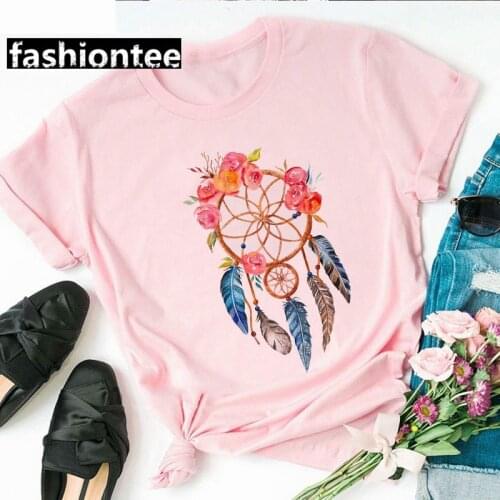 Summer Woman Pink T-Shirt Dream Catcher Print Harajuku Tops Girls Kawaii Retro Short Sleeves Casual Cotton Short Sleeve Clothing