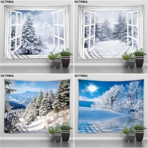 Dreamy Winter Landscape Tapestry Snow Pine Trees Forest Sunset Glow Photography Background Christmas Bedroom Room Decor Blanket