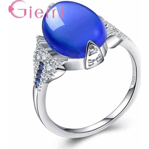 Brand Fashion Genuine Silver Color Rings with Oval Blue Sea Gem New Couple Rings for Women Wedding Party Engagement Jewelry