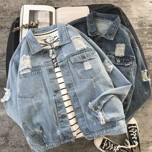 Mens Jeans Slim Fit MENS Jacket Jeans Coat Ins Mens Harajuku Handsome Ripped Denim Jacket Hip-Hop Trend Student Outerwear