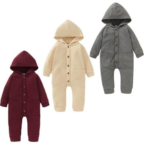 NEW Infant Baby Boy Girl Kid Rompers Solid Long Sleeve Pocket Hooded Romper Autumn 100% Cotton Clothes Set