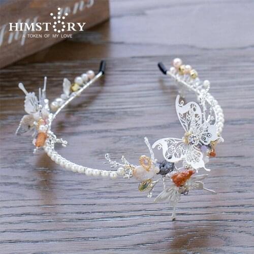 HIMSTORY Butterfly Hairband Girl Forehead soft chain crown bride headpiece pearl jewelry rhinestone wedding accessories