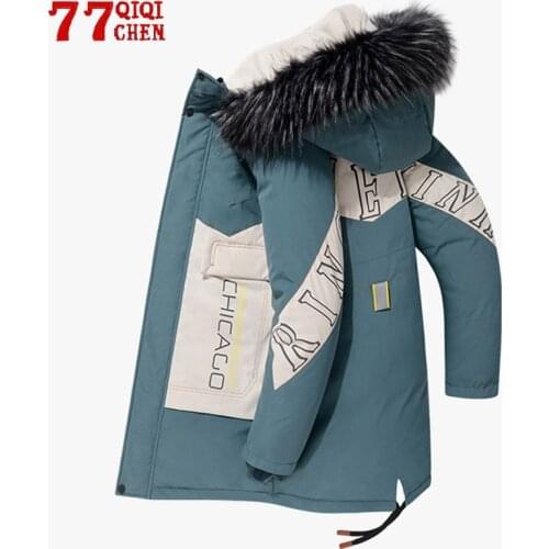Winter White Duck Down Parka Mens -30 Degree Thicken Warm Jacket Casual Hooded Coat Male Fur Collar Mens Mid-length Windbreaker
