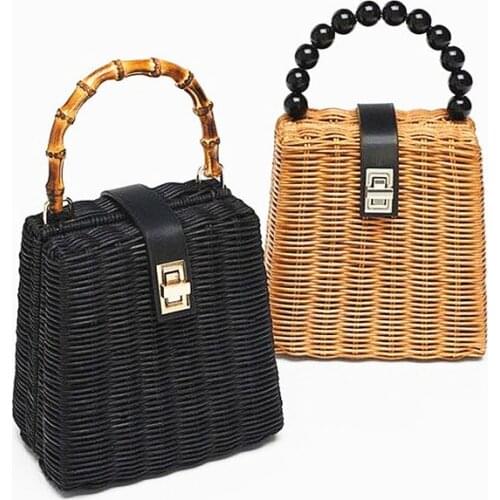 Hand-woven Rattan Box Beaded and Bamboo Handle Straw Woven Bag Black White Khaki Portable Messenger Beach Bag Women purse bolsos