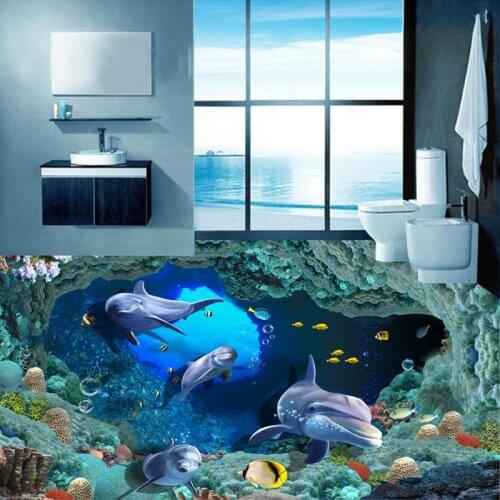 Custom 3D Flooring Photo Wallpaper Dolphin Undersea Cave Stereo PVC Self-adhesive Mural Vinyl Floor Decor Wallpaper Waterproof