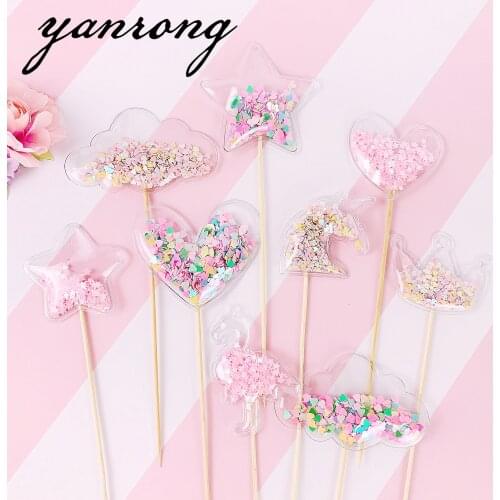 10Pcs Transparent Sequin Cake Topper Baby Shower Birthday DIY Cake Top Flags Decoration Cupcake Topper Mermaid Party Supplies