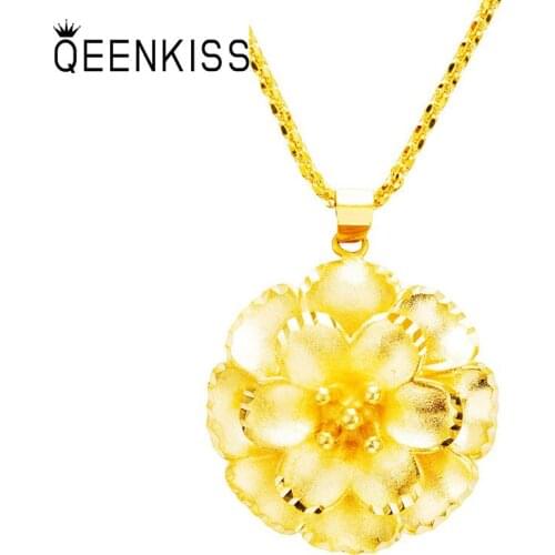 QEENKISS PT501 Fine Jewelry Wholesale Fashion Hot Woman Girl Mother Birthday Wedding Gift Flower 24KT Gold Pendant NO CHAIN