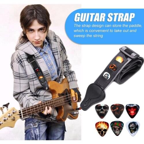 Adjustable Electric Guitar Strap with 6 Guitar Picks Holders PU Leather Ends Acoustic Guitar Bass Strap Belt Accessories
